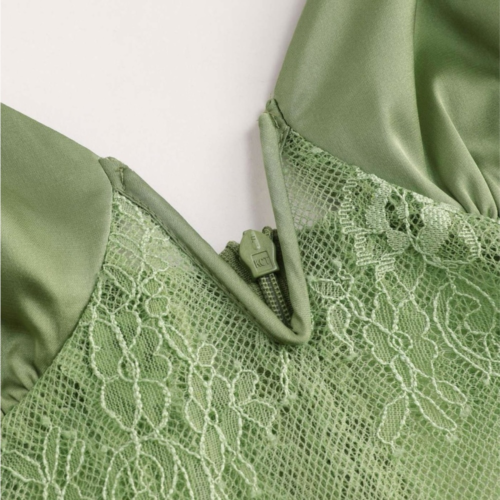 NWT Cider Lace Ruched Midi Green Dress - Picture 3 of 5